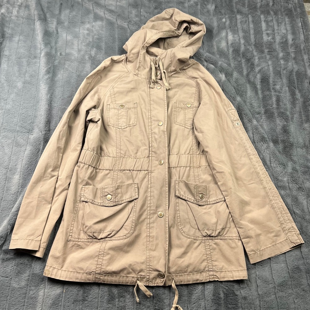 Ann Taylor LOFT Womens Tan Khaki Cotton Ripstop Utility Hooded Jacket Size S